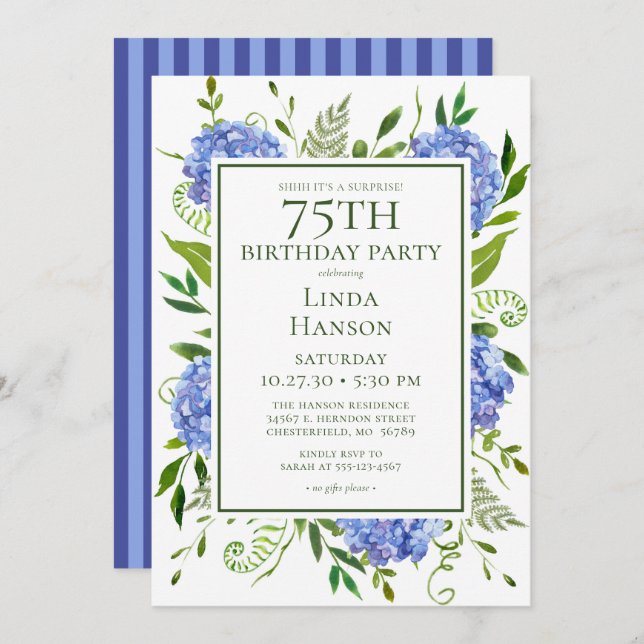 75th Birthday Blue Hydrangeas Surprise Party Invitation (Front/Back)