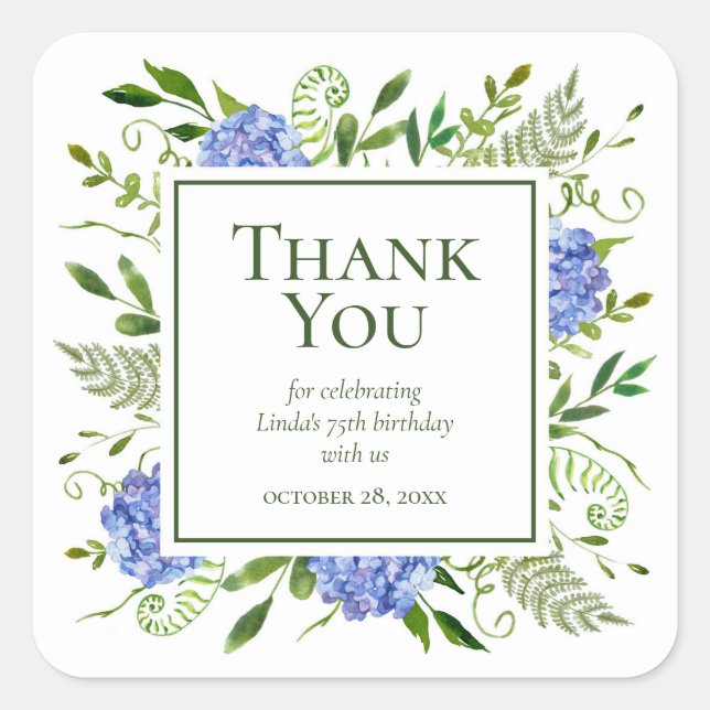 75th Birthday Blue Hydrangeas Thank You Square Sticker (Front)