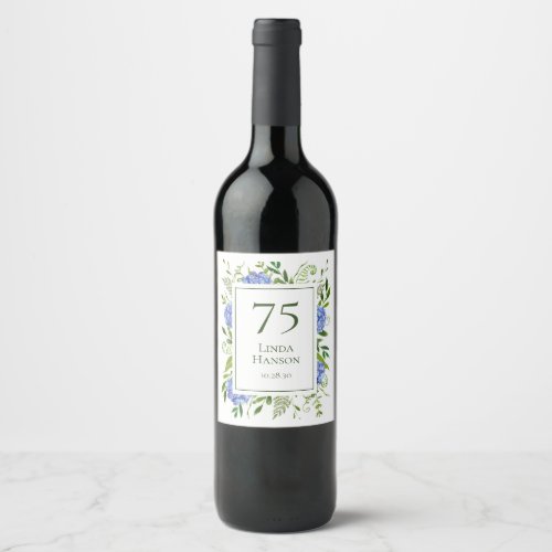 75th Birthday Blue Hydrangeas Wine Label