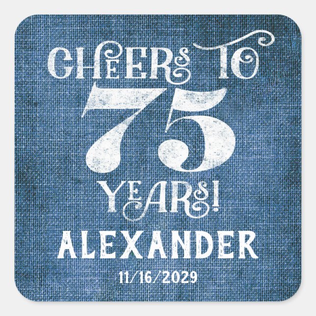 75th Birthday Blue Linen Thank You Favor Stickers (Front)