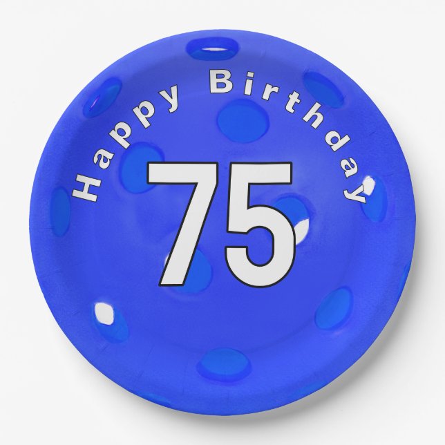 75th Birthday Blue Pickleball Paper Plates (Front)
