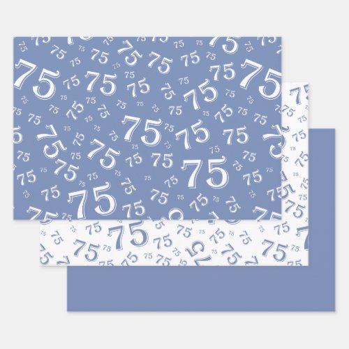 75th Birthday Blue  White Number Pattern 75 Wrapping Paper Sheets