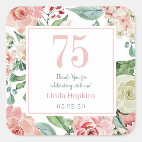 75th Birthday Blush Floral Thank You Square Sticker