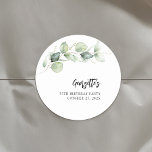75th Birthday Botanical Eucalyptus Greenery Classic Round Sticker<br><div class="desc">Cute and modern, yet elegant 75th birthday party sticker. Featuring a trendy layout and watercolor floral and greenery eucalyptus foliage. Perfect for any age birthday party. The template that can be easily edited and the text replaced with your own details by clicking the "Personalize" button. For further customization, please click...</div>