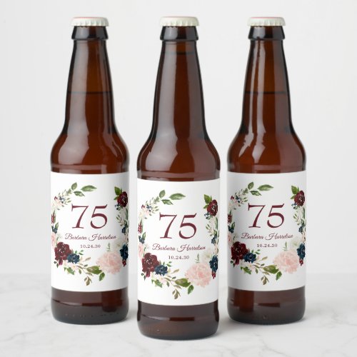 75th Birthday Burgundy Floral Beer Bottle Label