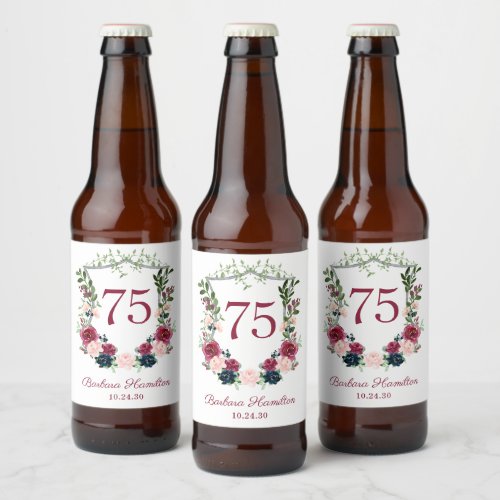 75th Birthday Burgundy Floral Crest Beer Bottle Label