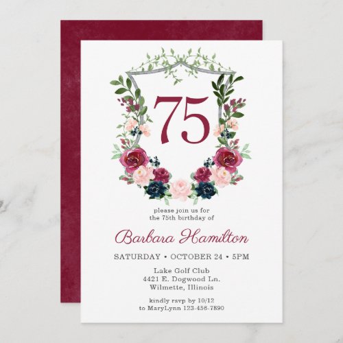 75th Birthday Burgundy Floral Crest Invitation