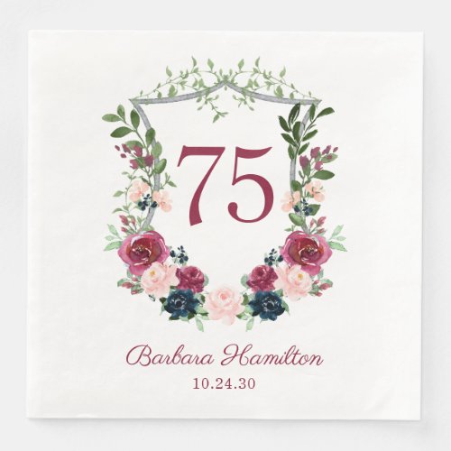 75th Birthday Burgundy Floral Crest Napkins