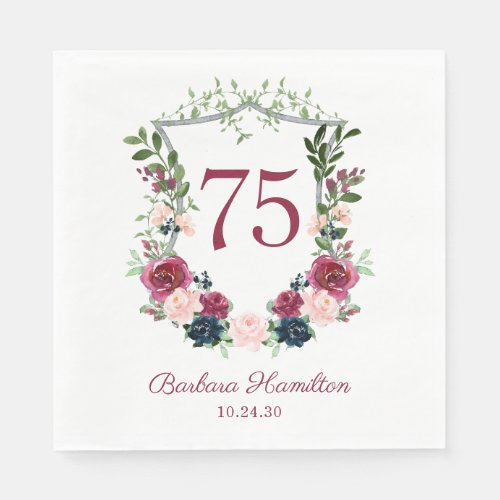 75th Birthday Burgundy Floral Crest Napkins