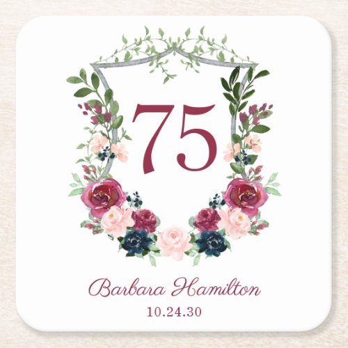 75th Birthday Burgundy Floral Crest Napkins Square Paper Coaster