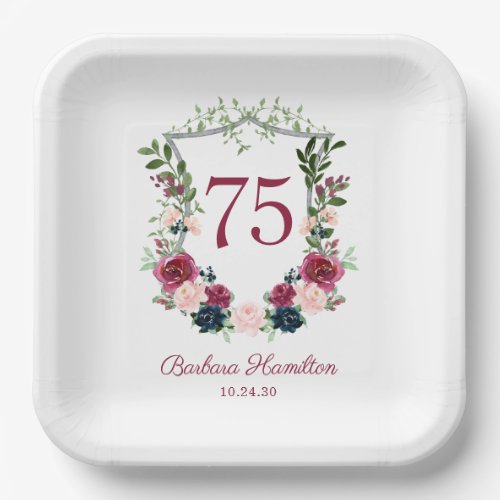 75th Birthday Burgundy Floral Crest Paper Plates