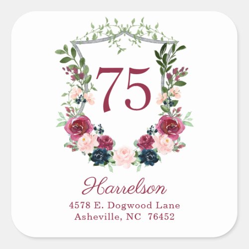 75th Birthday Burgundy Floral Crest Return Address Square Sticker