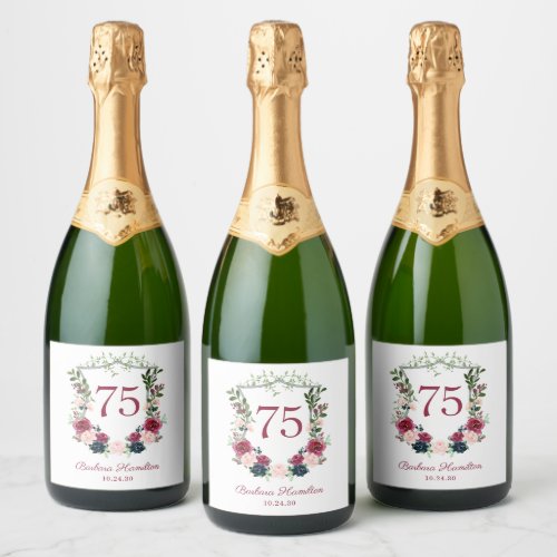 75th Birthday Burgundy Floral Crest Sparkling Wine Label