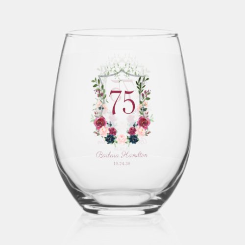 75th Birthday Burgundy Floral Crest Stemless Wine Glass