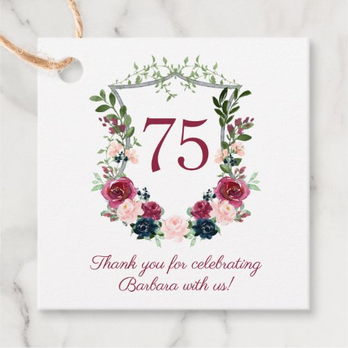 75th Birthday Burgundy Floral Crest Thank You Favor Tags