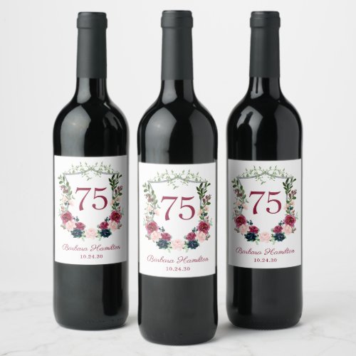 75th Birthday Burgundy Floral Crest Wine Label