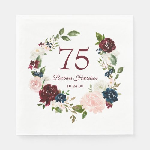 75th Birthday Burgundy Floral Napkins