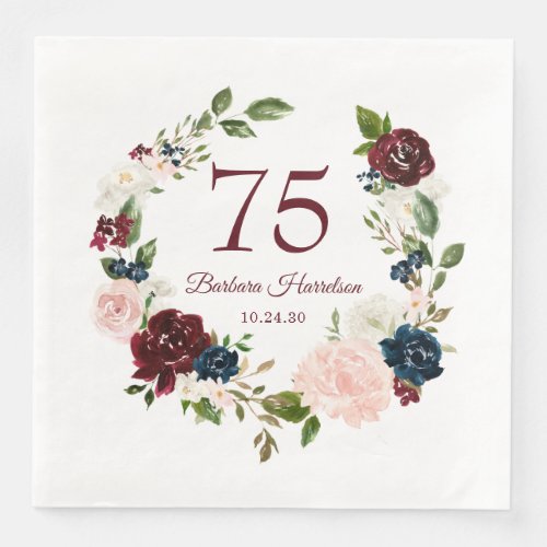 75th Birthday Burgundy Floral Paper Dinner Napkins