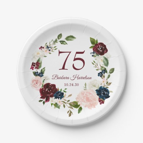 75th Birthday Burgundy Floral Paper Plates