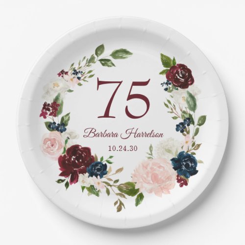 75th Birthday Burgundy Floral Paper Plates