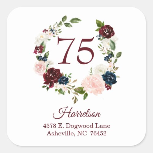 75th Birthday Burgundy Floral Return Address Square Sticker