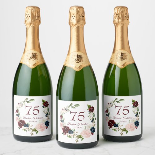 75th Birthday Burgundy Floral Sparkling Wine Label