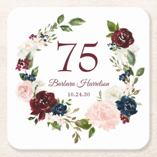75th Birthday Burgundy Floral Square Paper Coaster
