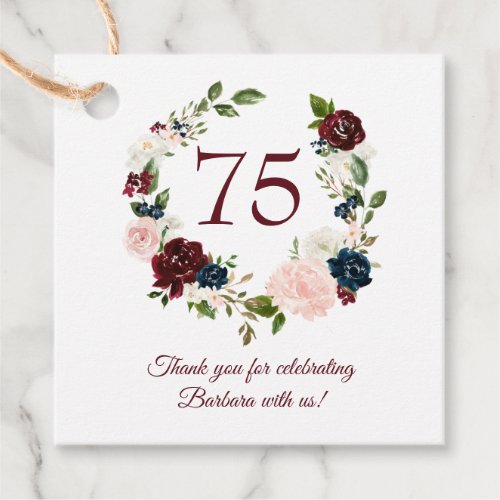 75th Birthday Burgundy Floral Thank You  Favor Tags