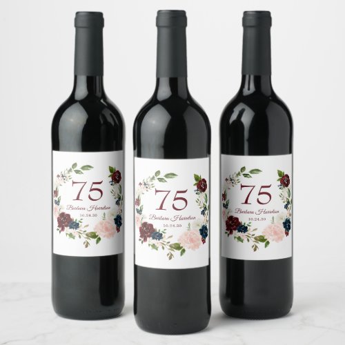 75th Birthday Burgundy Floral Wine Label