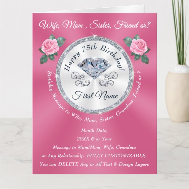 75th Birthday Cards for Her, Mom, Wife, Sister, or (Front)