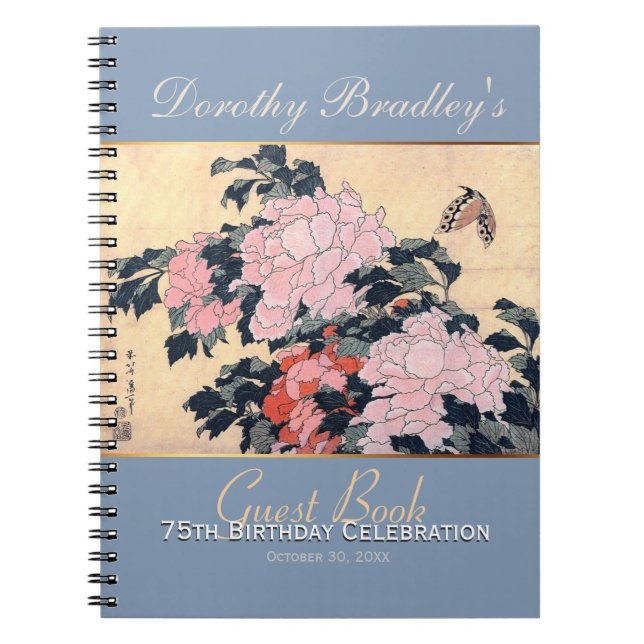75th Birthday Celebration Butterfly Peonies Guest Notebook (Front)