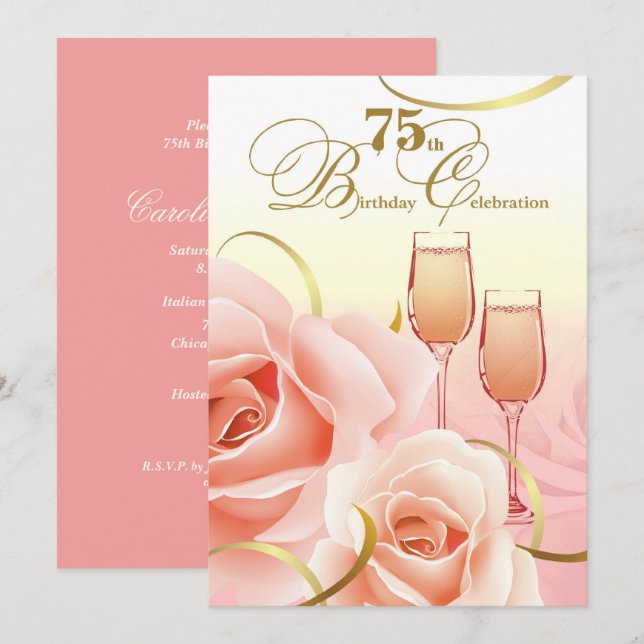 75th Birthday Celebration. Pink Peach Roses Invitation (Front/Back)