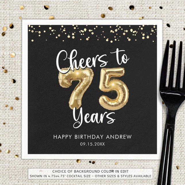 75th Birthday Cheers to 75 Years Black Gold Napkins (Creator Uploaded)