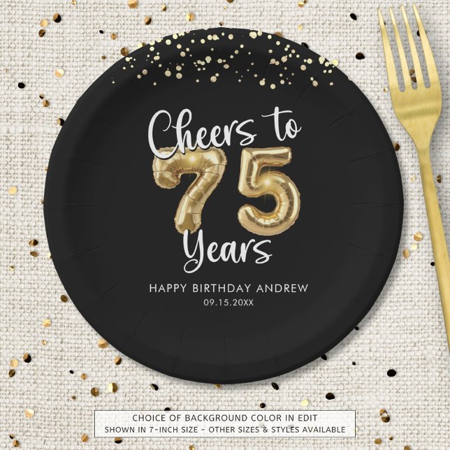 75th Birthday Cheers to 75 Years Black Gold Paper Plates (Creator Uploaded)