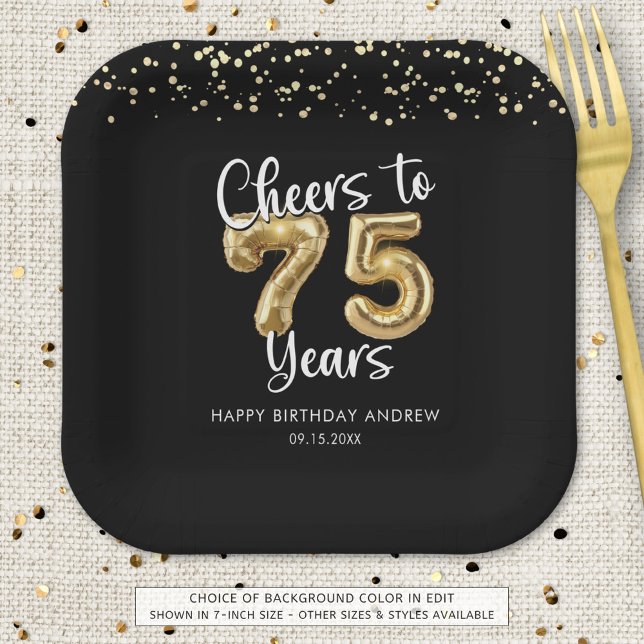 75th Birthday Cheers to 75 Years Black Gold Paper Plates (Creator Uploaded)