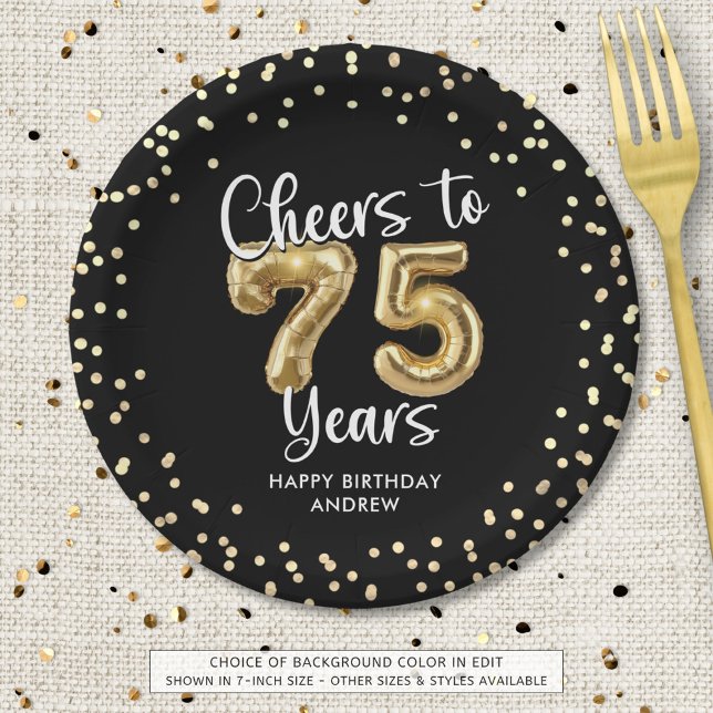 75th Birthday Cheers to 75 Years Black Gold Paper Plates (Creator Uploaded)