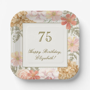 75th Birthday Coaster Autumn Color Floral Stripe Paper Plates