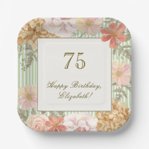 75th Birthday Coaster Autumn Color Floral Stripe Paper Plates