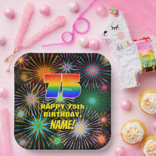 75th Birthday: Colorful, Fun Celebratory Fireworks Paper Plates