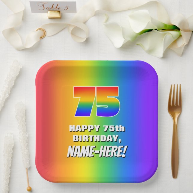 75th Birthday: Colorful, Fun Rainbow Pattern # 75 Paper Plates (Wedding)