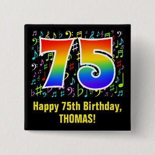 75th Birthday: Colorful Music Symbols, Rainbow 75 Button