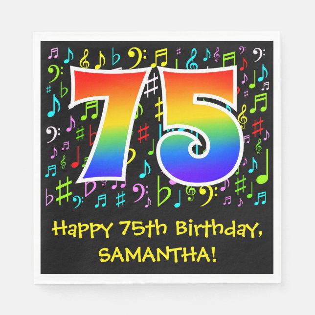 75th Birthday - Colorful Music Symbols, Rainbow 75 Napkins (Front)