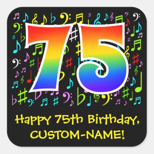 75th Birthday Colorful Music Symbols Rainbow 75 Square Sticker