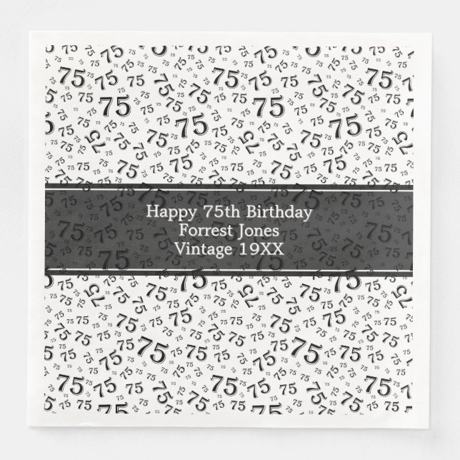 75th Birthday Cool Number Pattern Black/White Paper Dinner Napkins (Front)