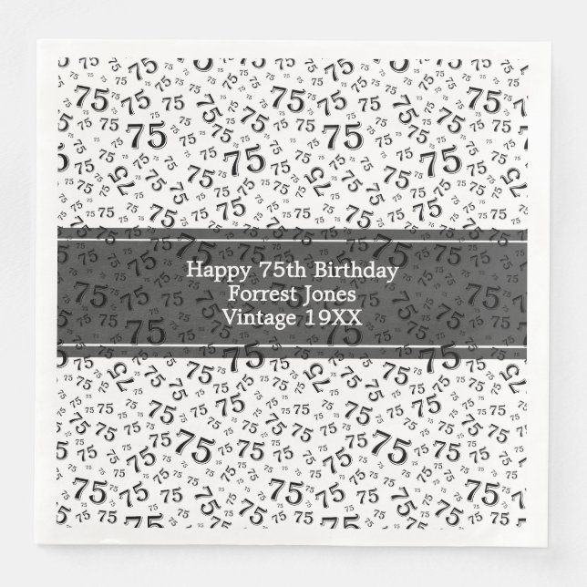 75th Birthday Cool Number Pattern Black/White  Paper Dinner Napkins (Front)