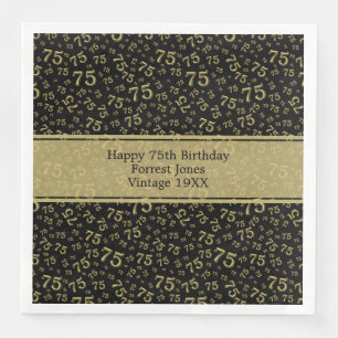 75th Birthday Cool Number Pattern Gold/Black Paper Dinner Napkins