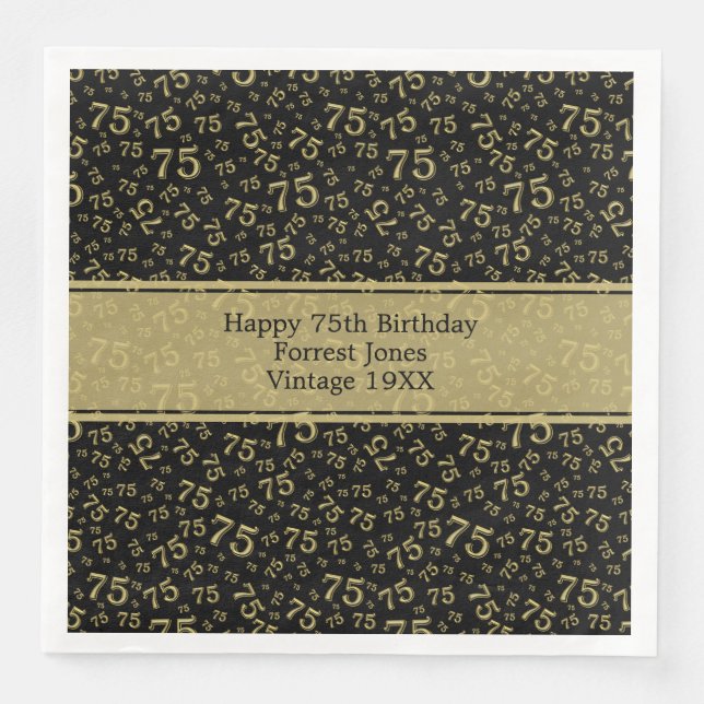 75th Birthday Cool Number Pattern Gold/Black Paper Dinner Napkins (Front)
