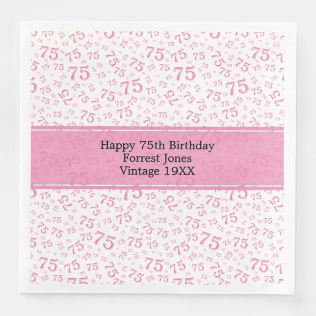 75th Birthday Cool Number Pattern Pink/White Paper Dinner Napkins (Front)