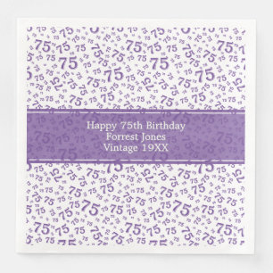75th Birthday Cool Number Pattern Purple/White Paper Dinner Napkins