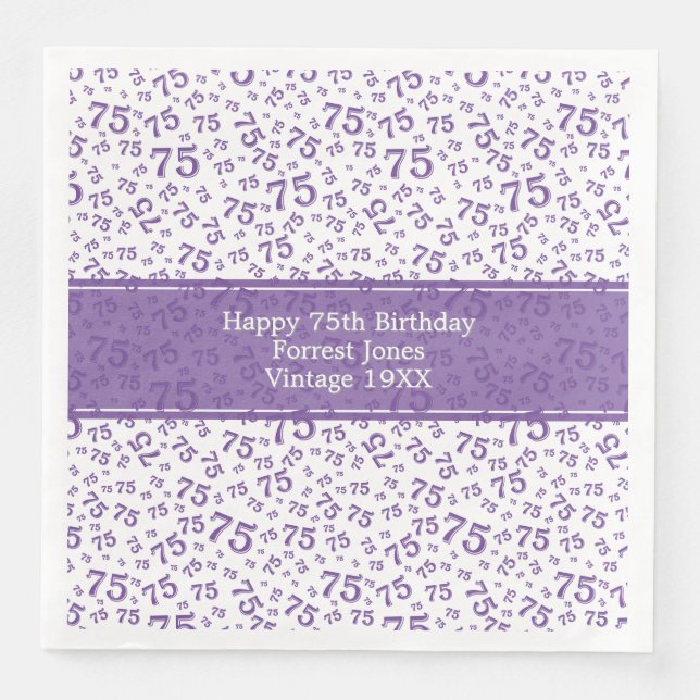 75th Birthday Cool Number Pattern Purple/White Paper Dinner Napkins (Front)